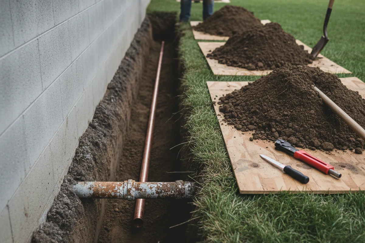 Excavated water line trench during Sewer Line Repair in Green Valley